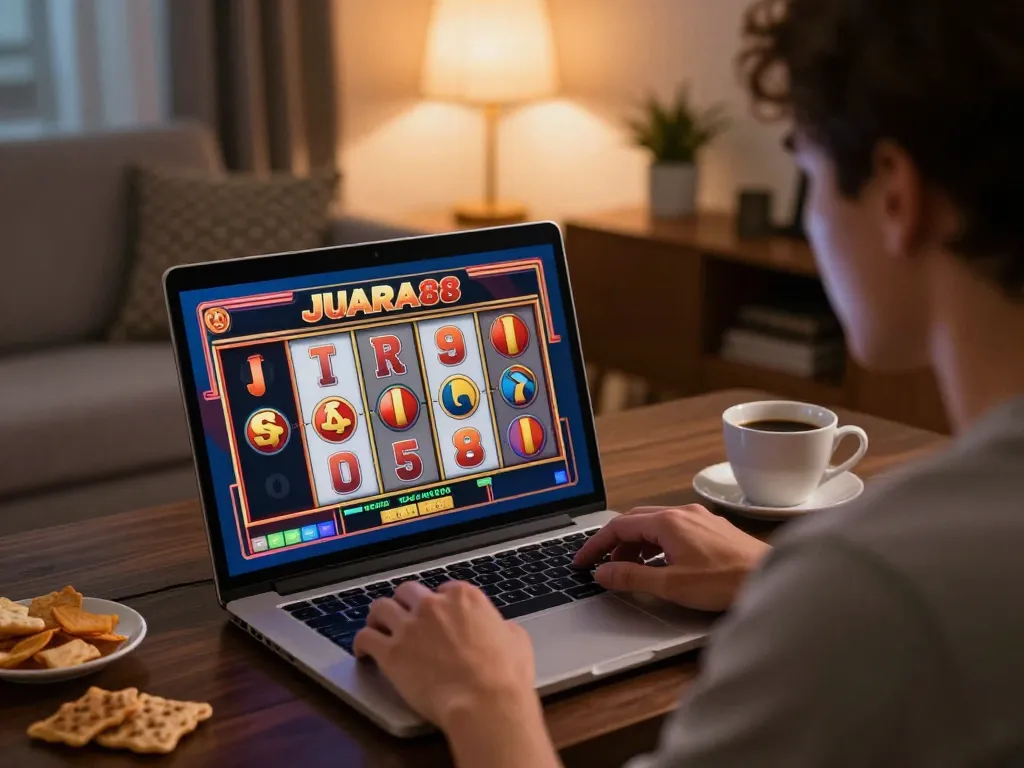 Engaged player at JUARA88 slot online, showcasing dynamic gameplay and winning potential in a cozy setting.