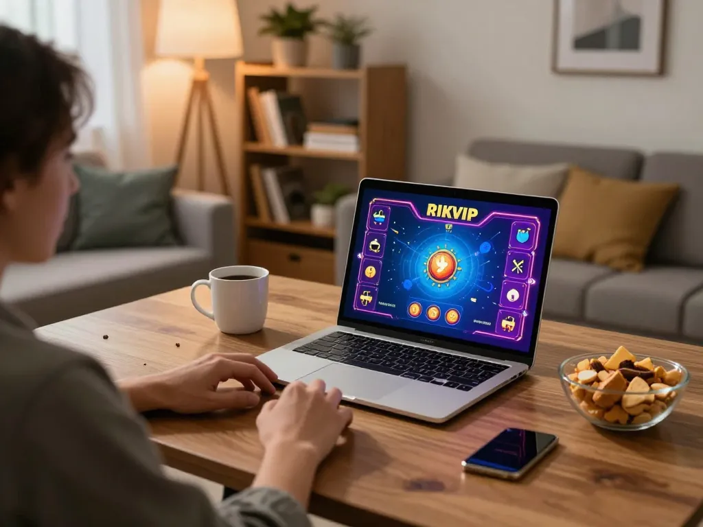 Engaging in RIKVIP online gaming at home with a cozy setup and vibrant game display.