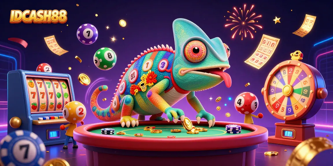 Hit the jackpot with IDCASH88; vibrant illustration showcasing exciting casino elements and games.