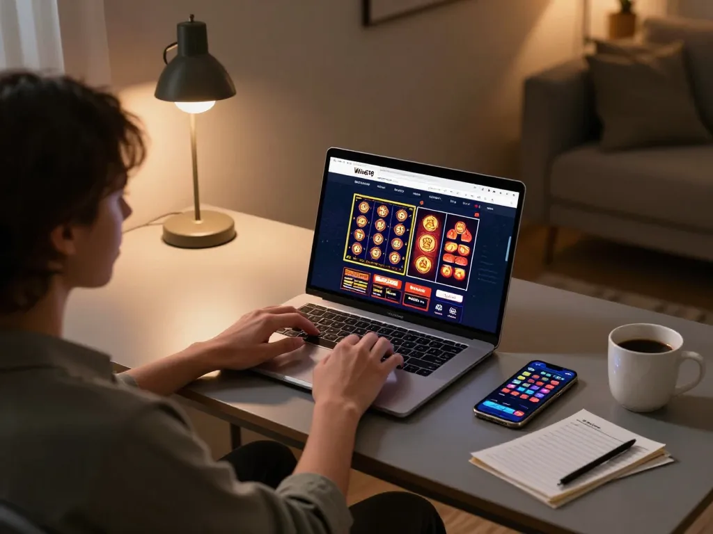 Win678 user engaging in online casino gaming while tracking winning strategies in a modern home office