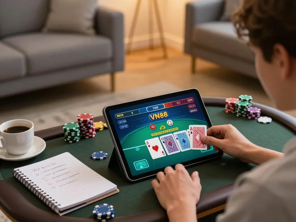 VN88 player engaging in live dealer blackjack, showcasing excitement and strategy in online gaming atmosphere.