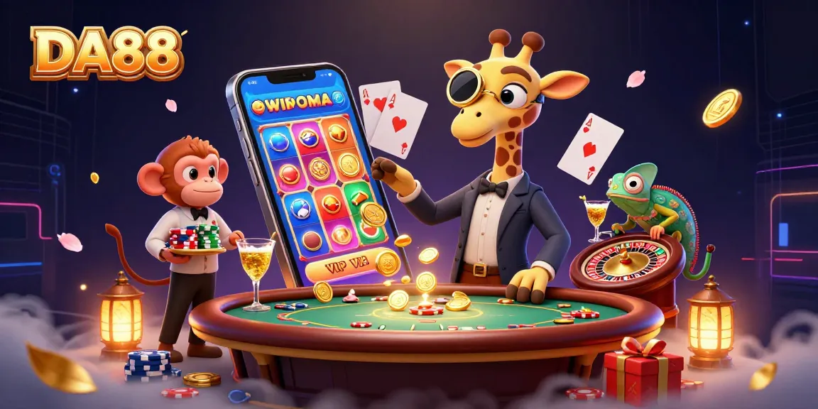 Engage with DA88's vibrant casino scene with a giraffe, monkey valet, and chameleon bartender.