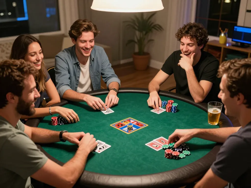 WIN678 players enjoying a fun home poker night, showcasing cards and strategy in action.