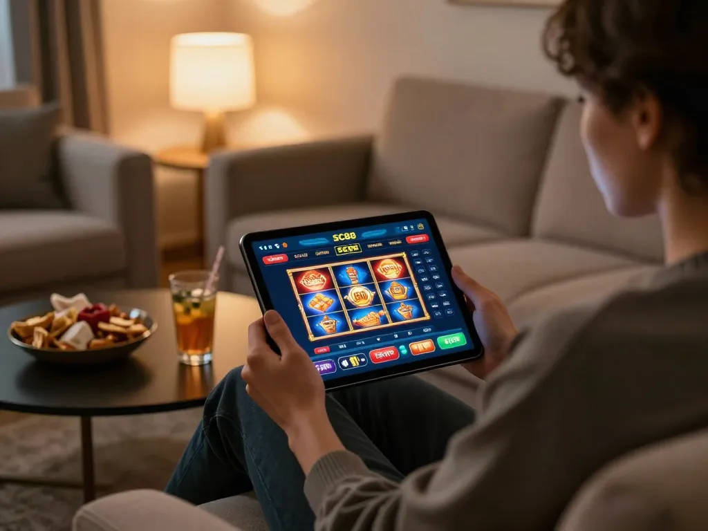 Player enjoying a slot game on the SC88 app in a cozy home setting with snacks and drinks