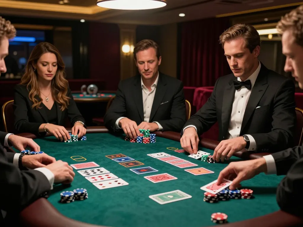 gg88 players celebrating a win at an elegant blackjack table with chips and cards showcased
