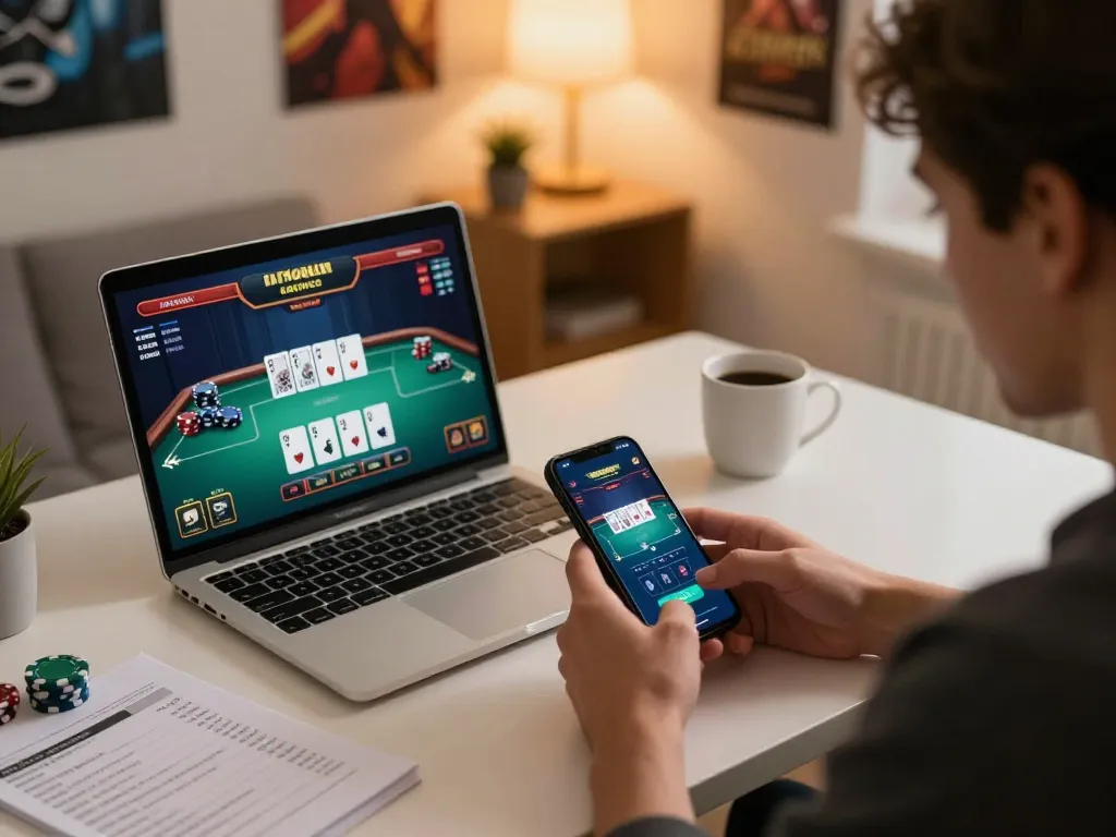 Pemain menikmati aplikasi Armorbet untuk permainan poker langsung di smartphone di meja rumah