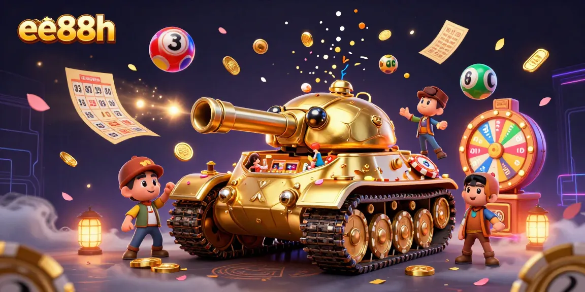 Play games at ee88h, reveling in a vibrant casino scene packed with lottery balls, prize wheels, and an enchanting beetle tank.