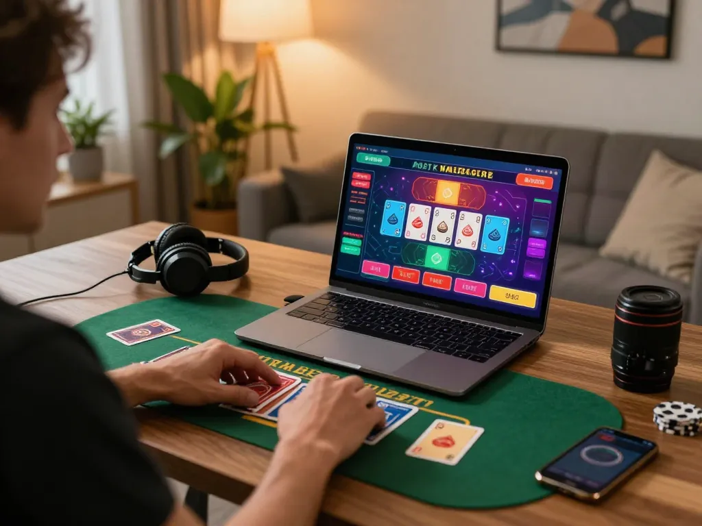 Win138 player engaging in a live dealer blackjack game on laptop at home, showcasing vibrant gaming atmosphere