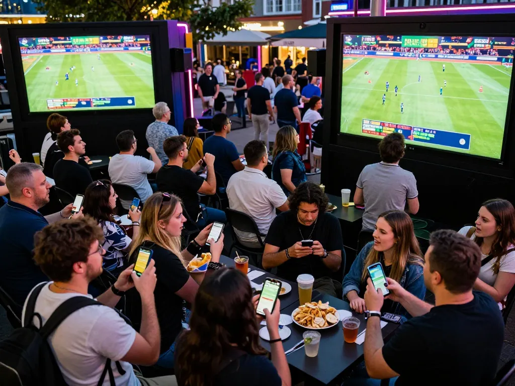 Fans celebrating at a lively sports betting event while using VA88 for live bets.