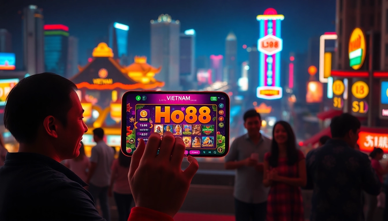 Ho88 online gambling experience showcasing a vibrant Vietnamese city, featuring happy players engaging with the app.