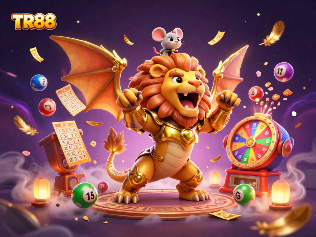 TR88 brings luck with vibrant scenes featuring a golden chimera and colorful lottery balls.