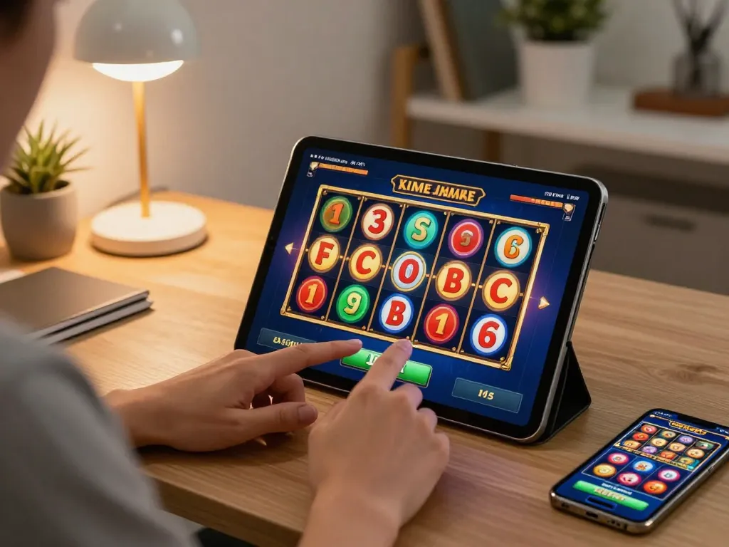 Engaging in live gaming on Mesingg login, tablet displaying exciting slot machine action with cozy home setup