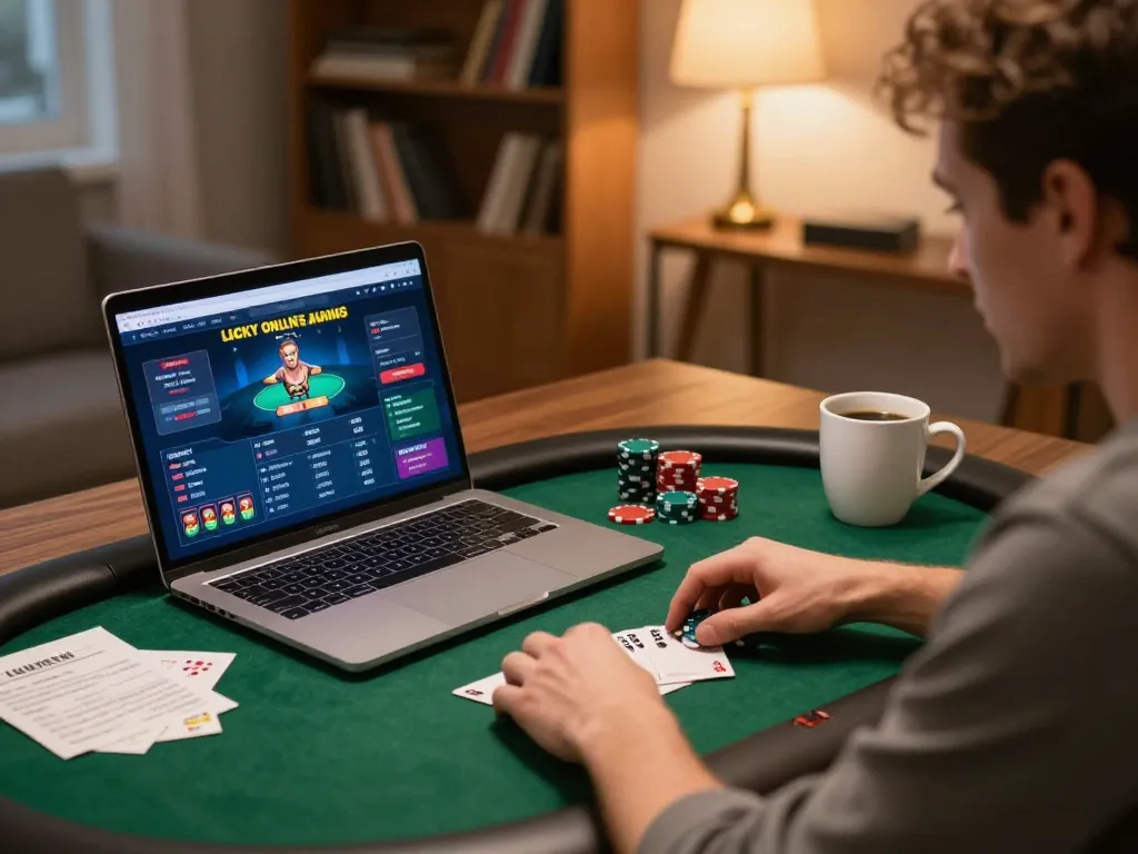 Player engaging with luckywin online poker game at home, showcasing strategic gameplay moments.