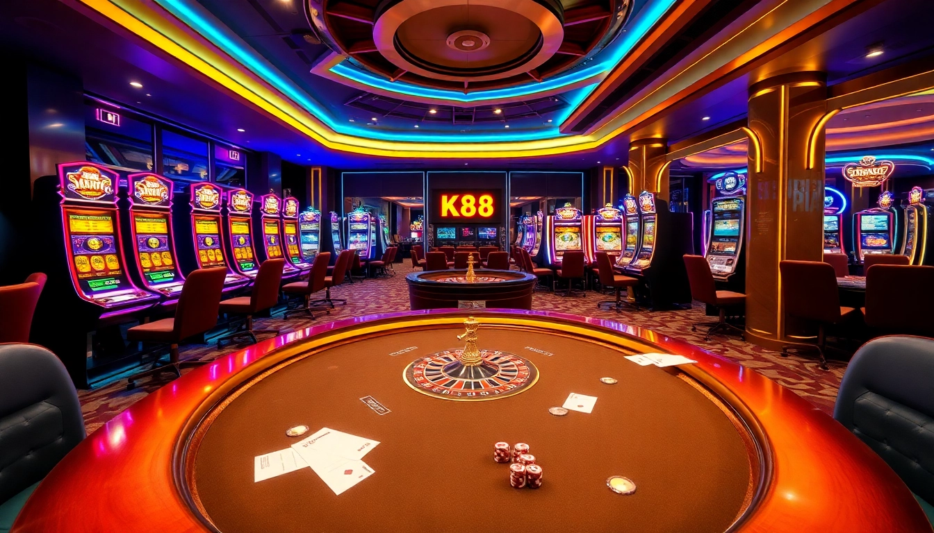 K88 gaming environment showcasing vibrant slot machines and a luxurious poker setup