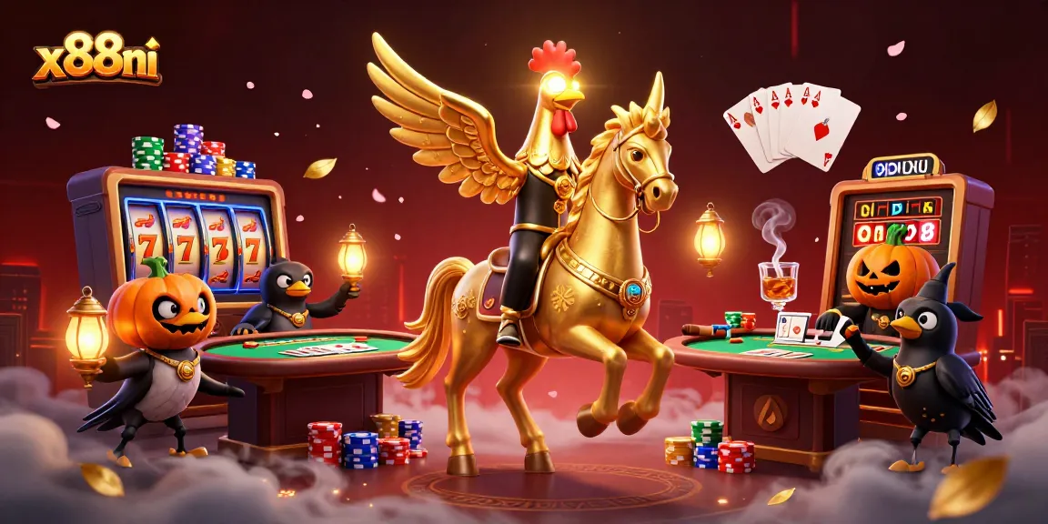 x88ni presents a golden rooster navigating a vibrant casino scene, showcasing the thrill of jackpot slots and poker excitement.