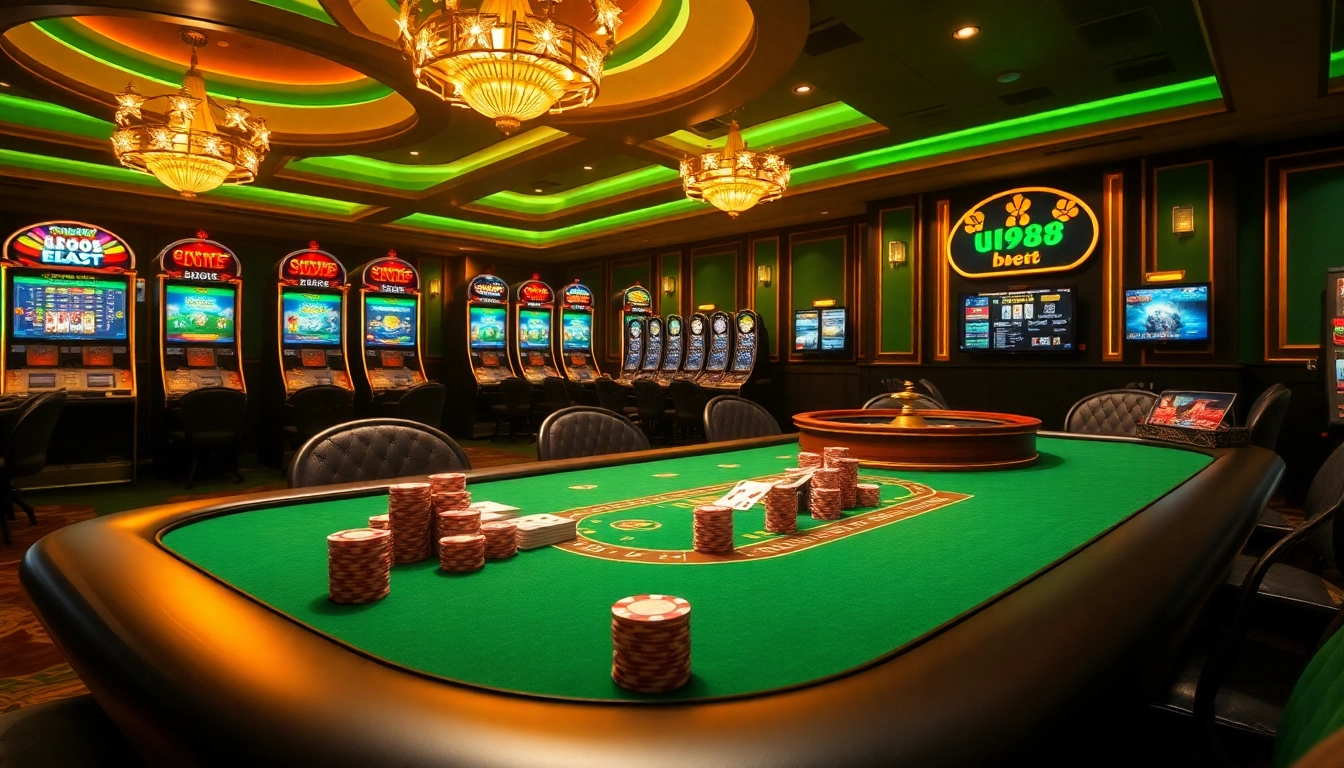 Engage with the excitement of uu88 bet at a luxurious casino scene featuring poker tables and slot machines.