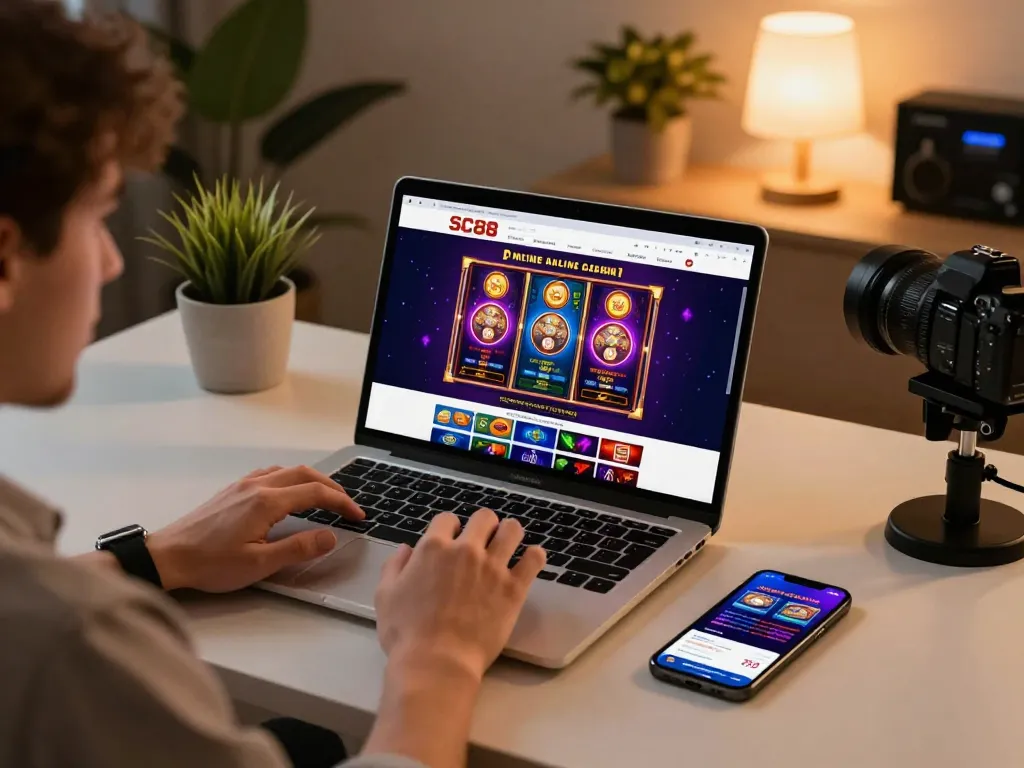 Person engaging with the SC88 online casino on a laptop, showcasing a vibrant gaming interface, highlighting responsible gaming.