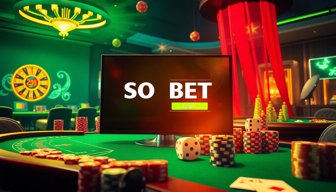 Engage with sbobet login indonesia in an exciting online casino scene, featuring vibrant tables and gambling elements.