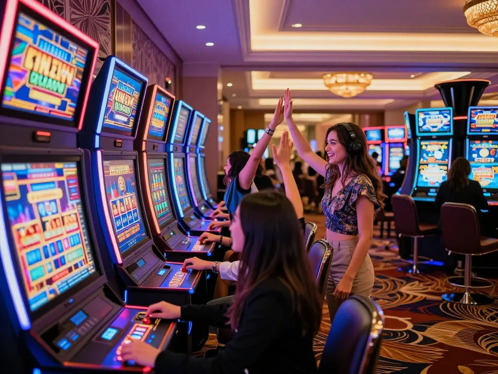 Players engaging in colorful slot machines celebrating wins with Pragmaticplay themes in a luxurious casino.