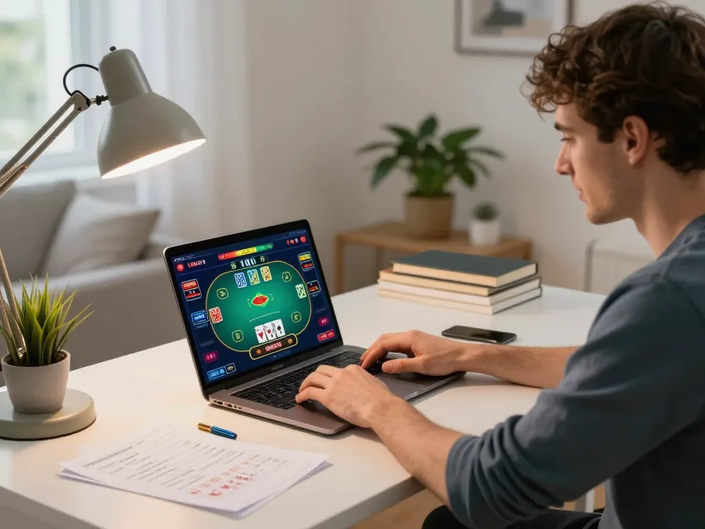 Player enjoying hi88 online poker game in a cozy home setting with strategic notes nearby