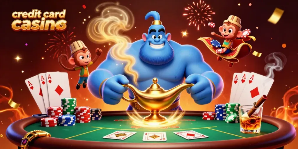 Experience the excitement at credit card casinos with a vibrant 3D illustration of a blue genie and poker elements.