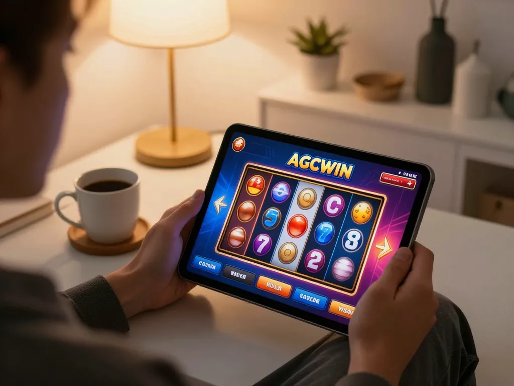 Terlibat dengan permainan mobile AGCWIN melalui permainan slot yang semarak di tablet dalam pengaturan rumah yang nyaman