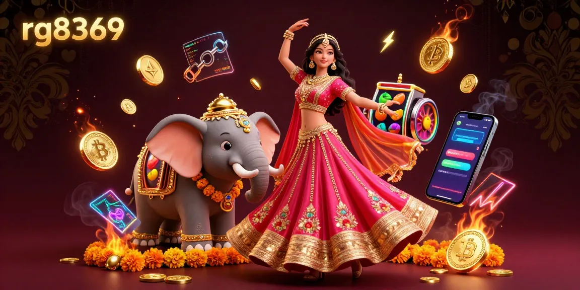 Initiate thrilling wins with rg8369 at this vibrant casino scene featuring an Asian woman in dazzling attire, with slot machines and crypto coins.