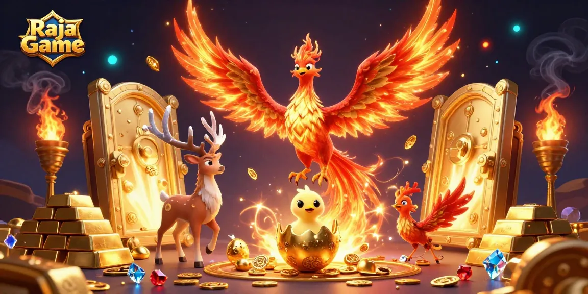 Experience the thrill of Raja Game with a vibrant phoenix scene highlighting exciting jackpots and treasure.