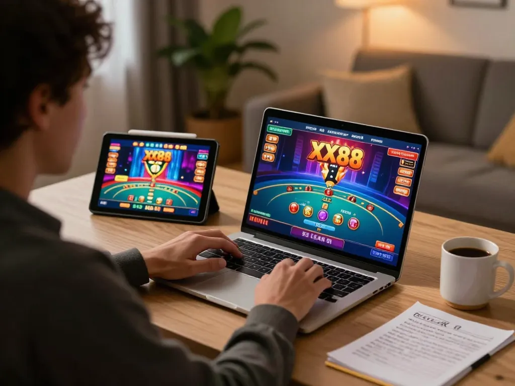 Experience thrilling gameplay at XX88 with engaging online casino options displayed on laptop.