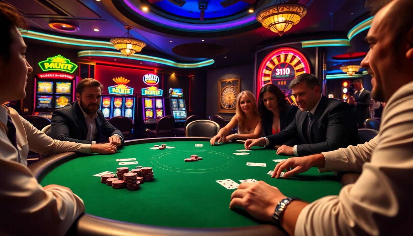 Experience the excitement at Vaoluoitv with a lively casino scene featuring poker games and vibrant atmosphere.