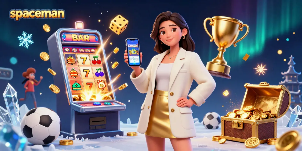 Bet big with Spaceman as a beautiful Asian woman showcases a sports betting app amidst dazzling casino elements.