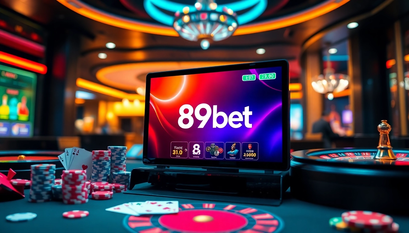 Experience high-stakes gaming excitement at 89bet with vibrant poker chips and cards.
