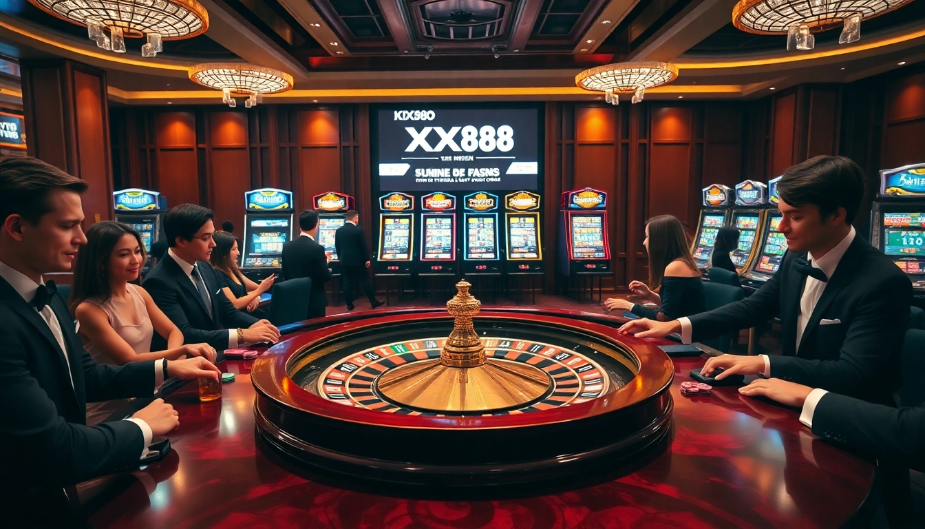 Exciting casino scene with players at the XX88 roulette table and vibrant slot machines.