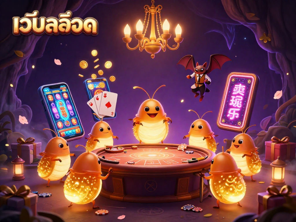 Engage with เว็บสล็อต in an enchanting cave casino filled with glowworms and vibrant game elements.