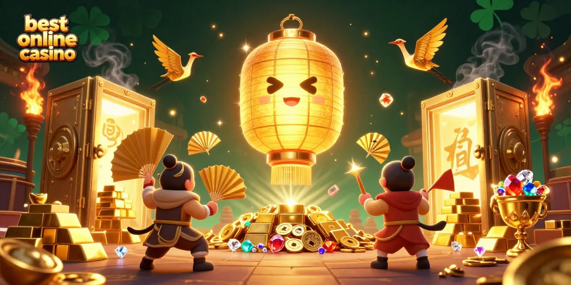 Experience the thrill of the best online casino with golden lanterns and lucky symbols illuminating the night.
