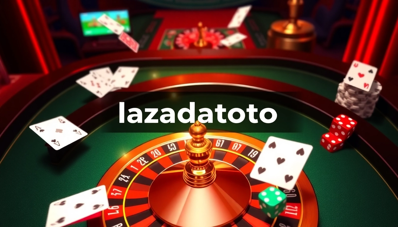 Engaging online gambling scene featuring lazadatoto with roulette wheels, cards, and vibrant casino elements.