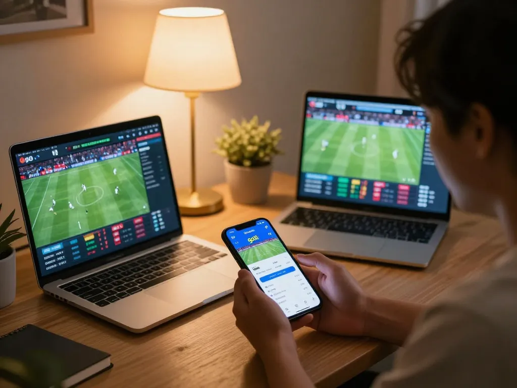 Engaging with the nhà cái go8 app for live sports betting from home, excitement visible amidst warm lighting.