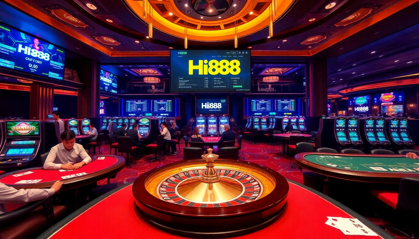 Players cheer over a Hi88 roulette table in a lively casino atmosphere.