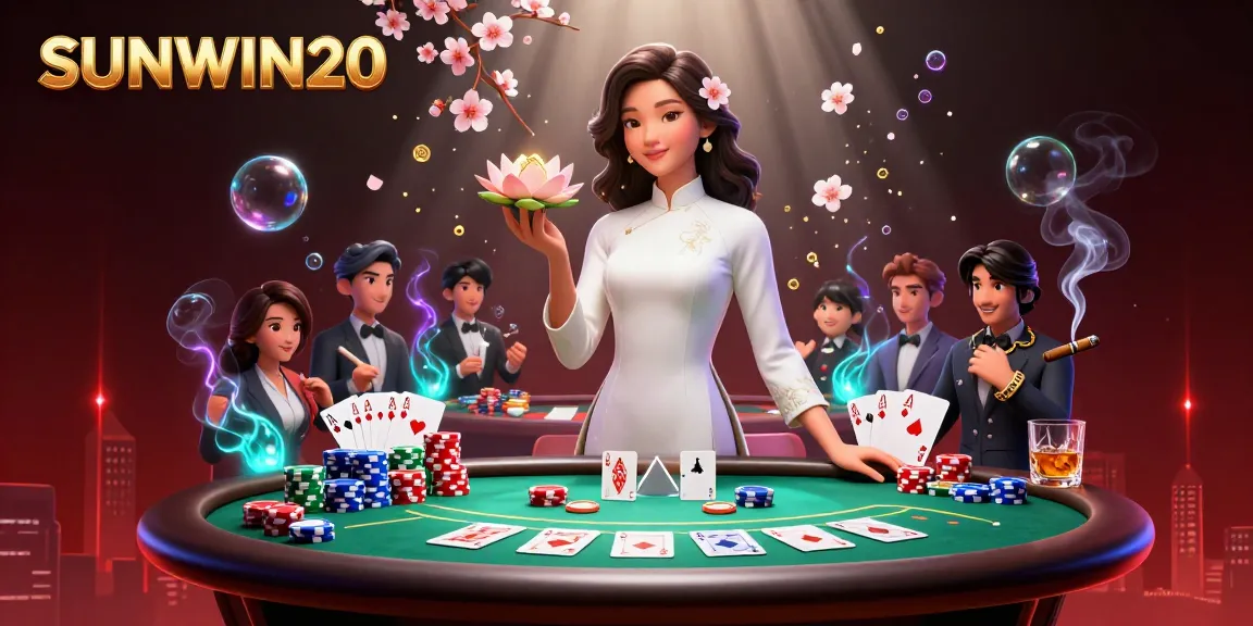 Play exciting poker with SUNWIN20 as an elegant Asian woman holds a golden coin amidst vibrant casino action.