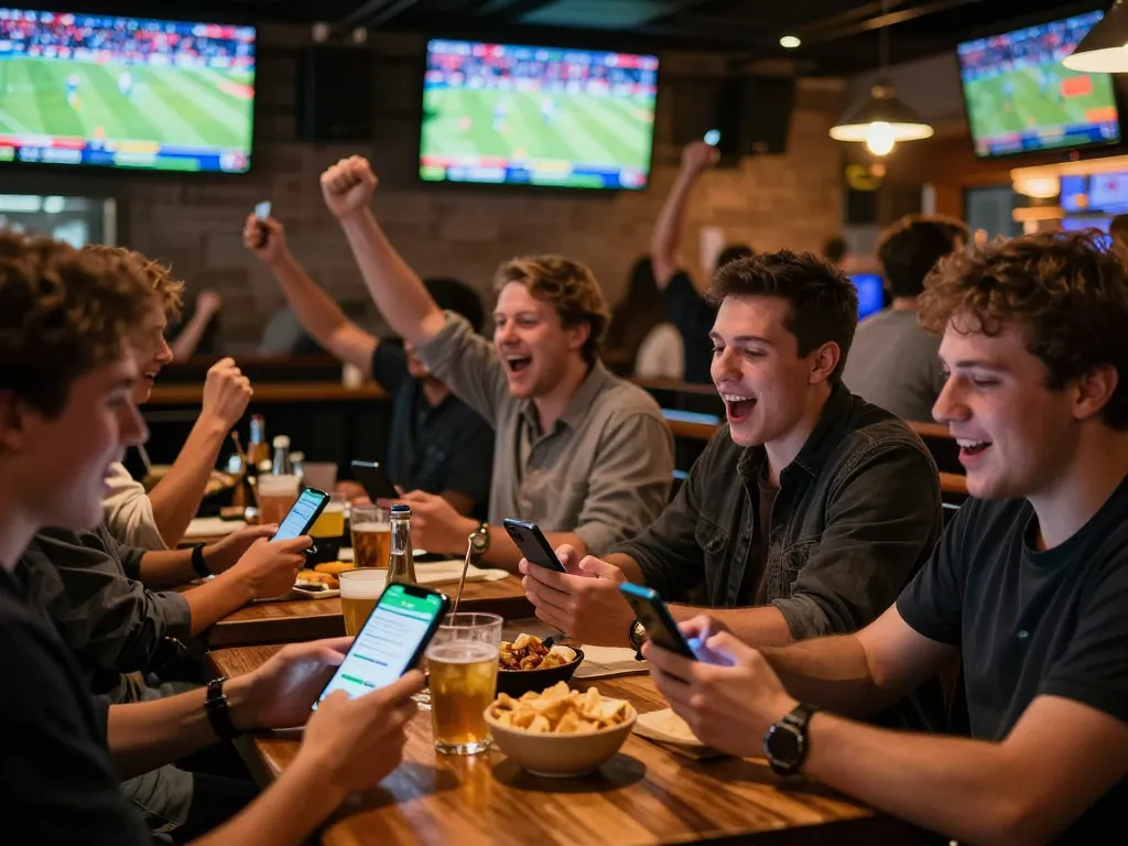 Engaged fans betting on sbobet during a thrilling live sports event at a lively sports bar.