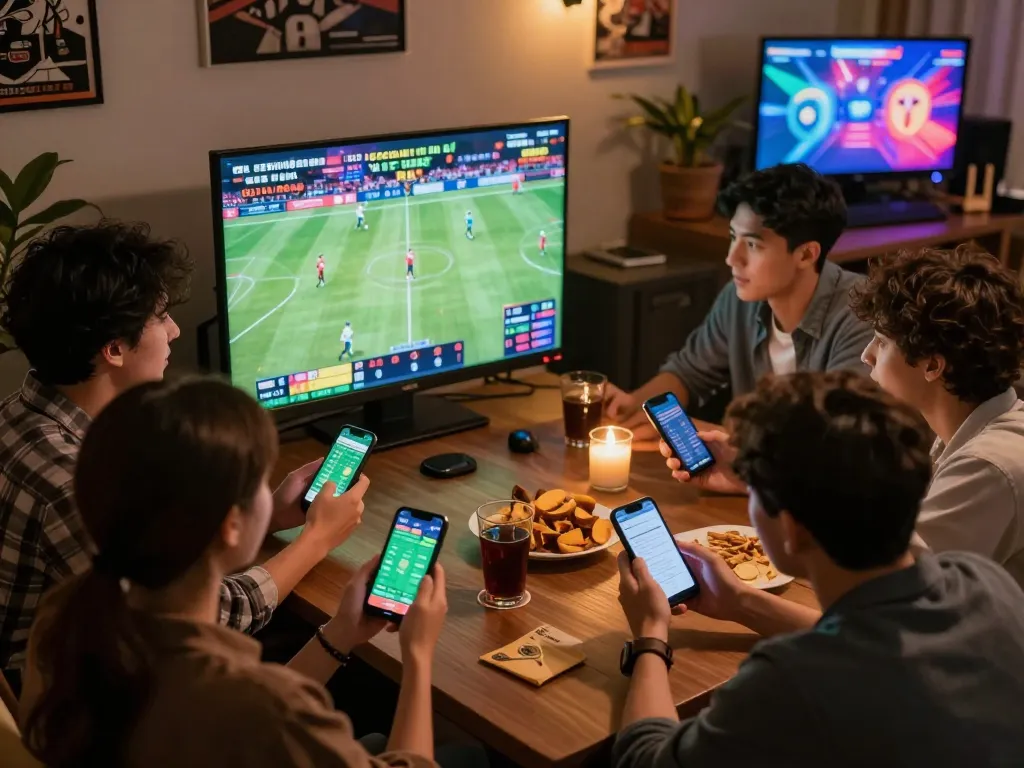 Engaged friends placing strategic bets on MM88 apps while watching sports.