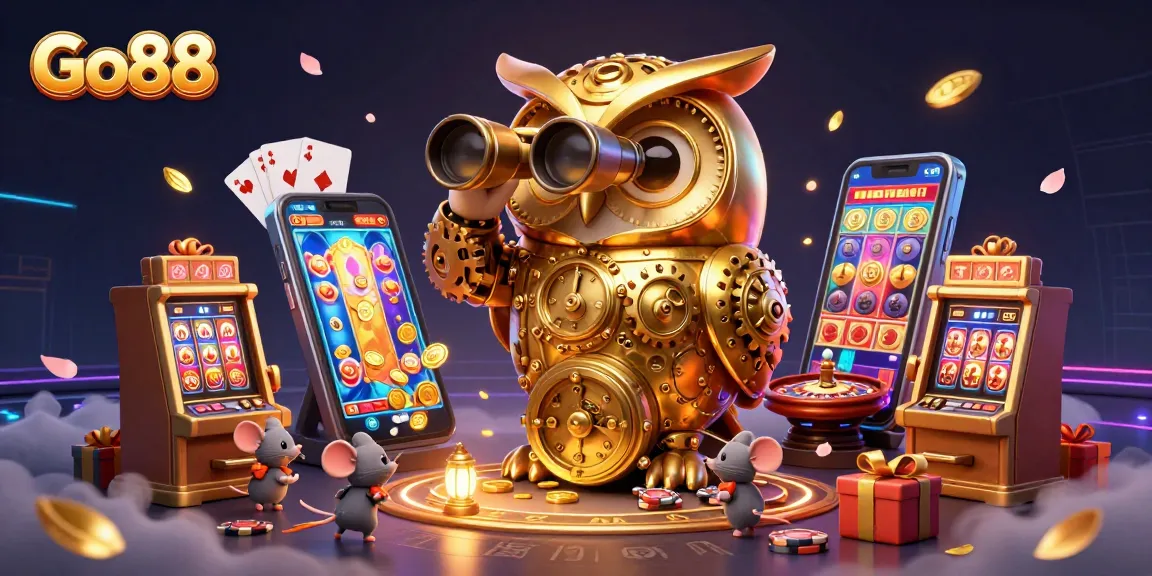 Experience the excitement of Go88 with a vibrant 3D casino scene featuring colorful slot games and playful characters.