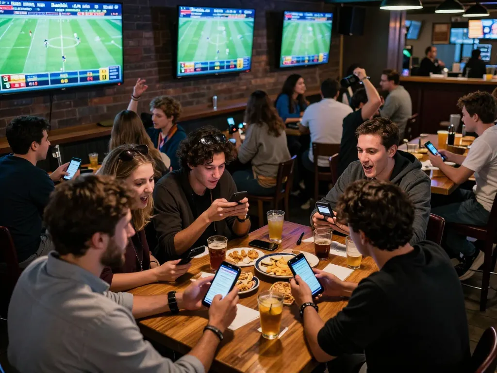 Sports enthusiasts engaging in live betting on Bsport with screens displaying football highlights in a lively bar.