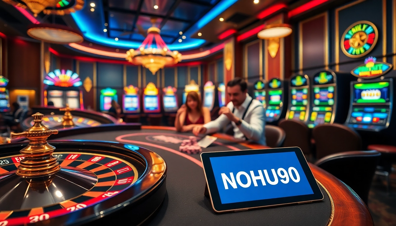 Players engaging in a thrilling casino experience featuring NOHU90 with poker chips and a roulette wheel.