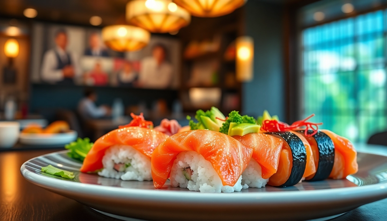 MISTER HOKI sushi dish elegantly presented in a warm restaurant setting, inviting diners.