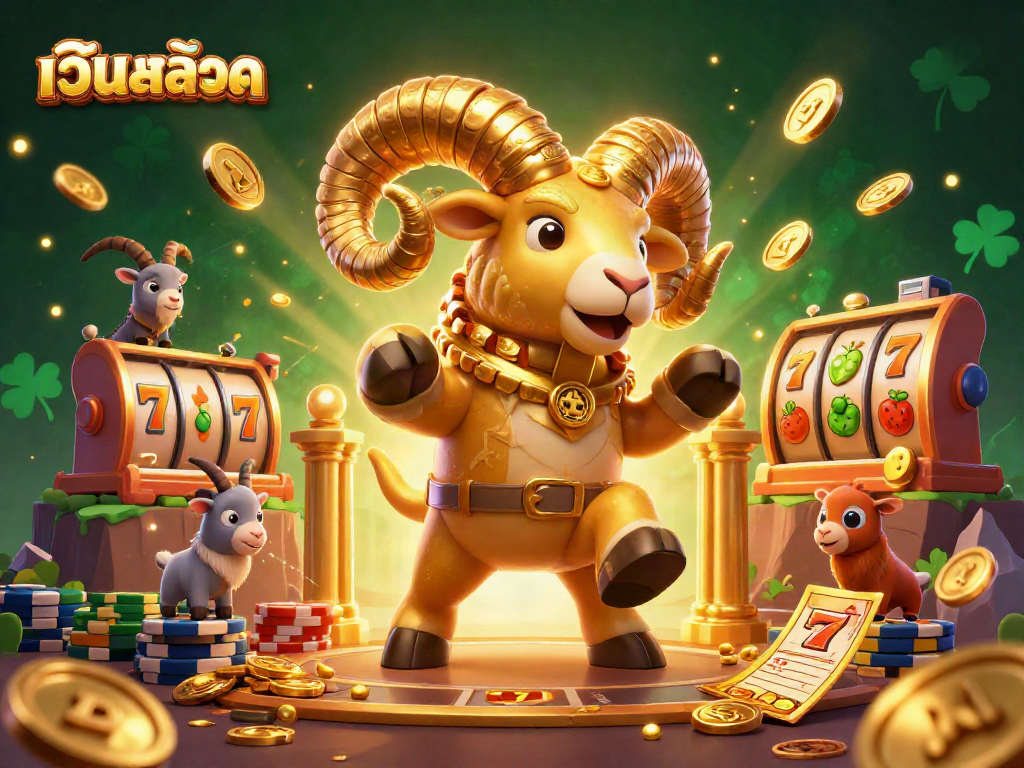 Experience excitement with เว็บสล็อต in a vibrant 3D illustration showcasing a golden ram and slot elements.