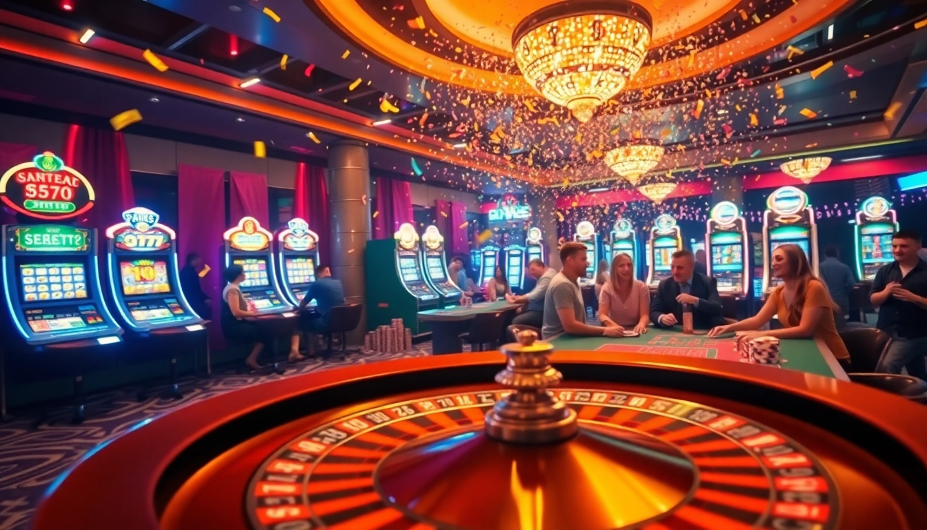 An exciting casino scene celebrating the explosion of a prize-winning lottery, featuring roulette, poker tables, and vibrant decorations.