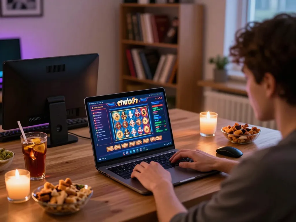 Engaged player enjoying the 11win online casino experience on a laptop, with a cozy home setup and snacks