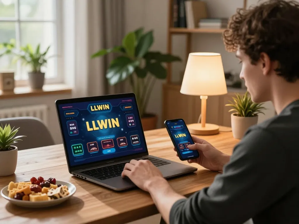 Engaging in online casino gameplay on LLWIN from a cozy home setup, highlighting strategic focus.