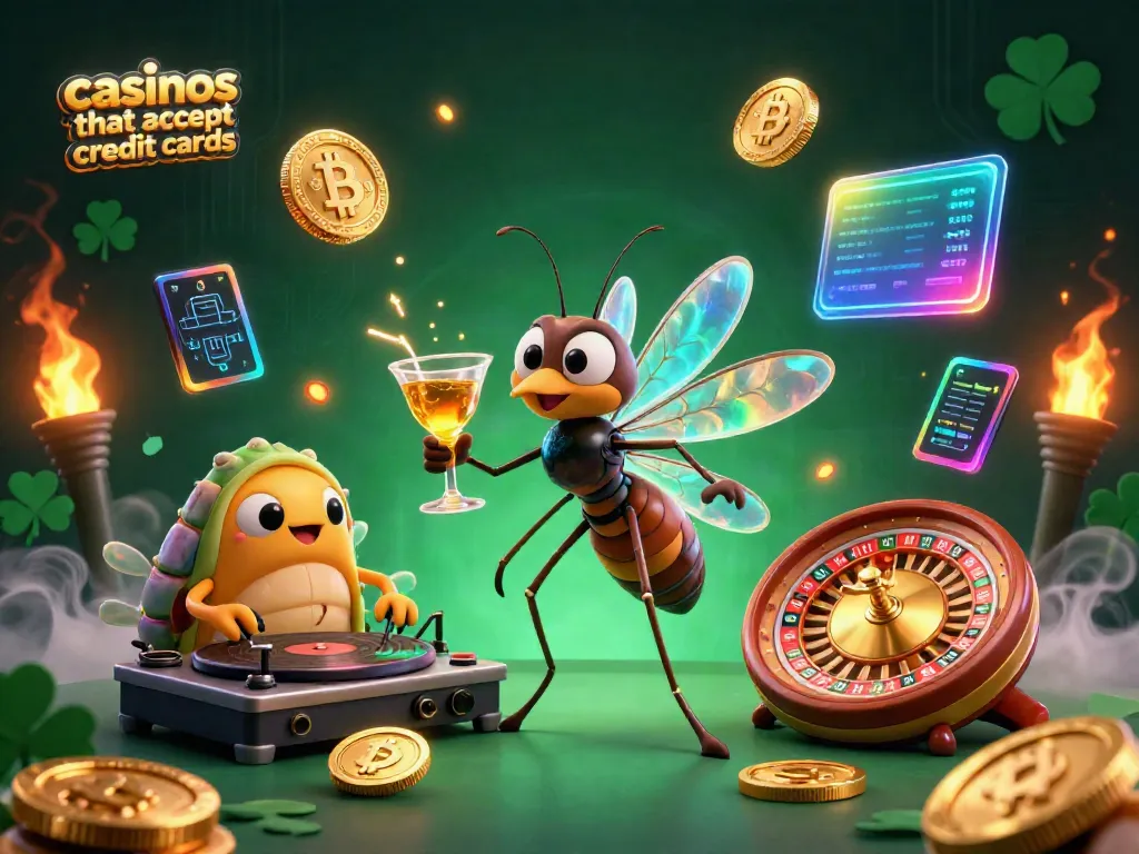 Enjoy dynamic gaming at casinos that accept credit cards featuring a lively scene with a 3D mosquito mascot and casino elements.
